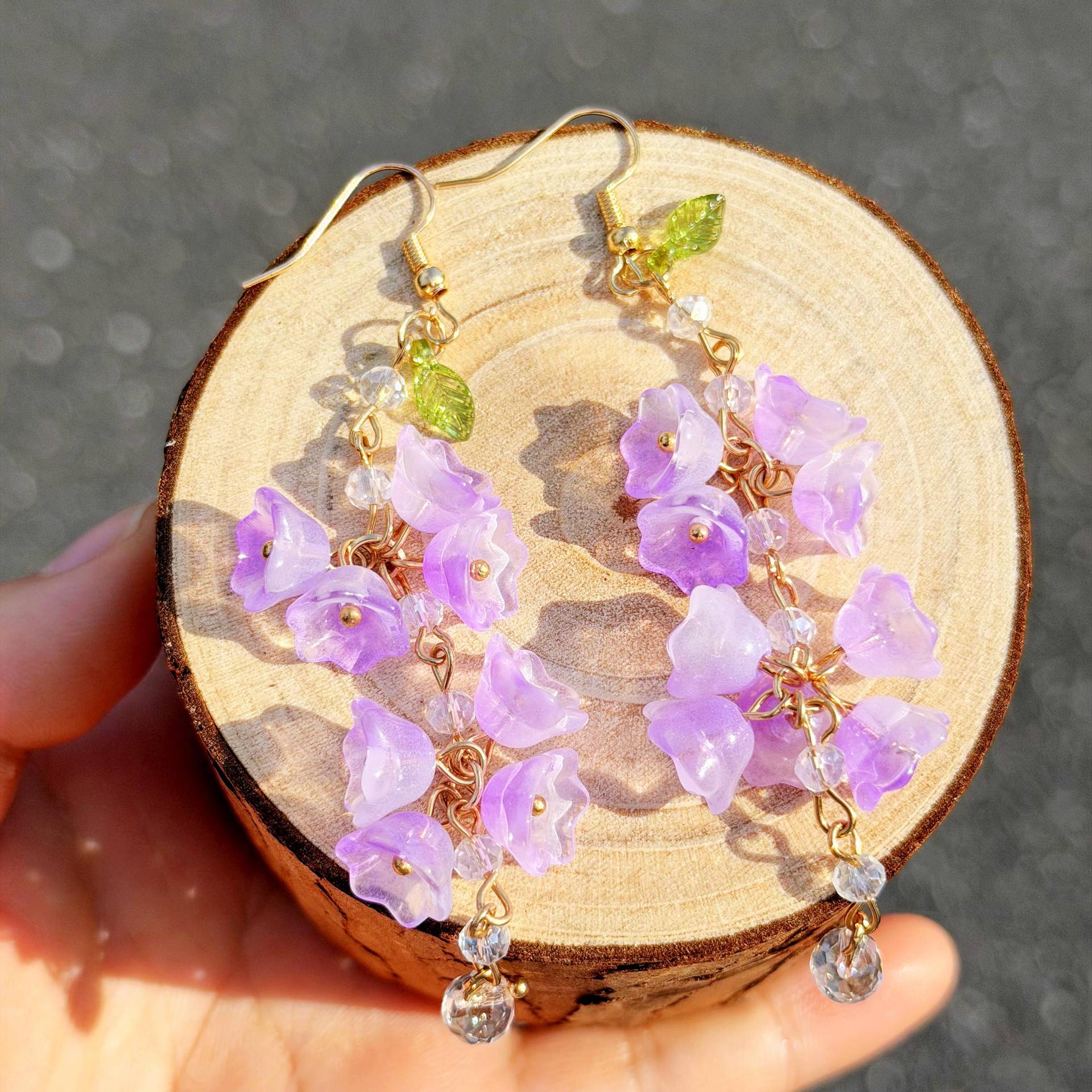 Leaf Lily Of The Valley Earrings, Purple Glazed Flowers Fairy Bridesmaid Wedding Jewelry von NoaSchCo