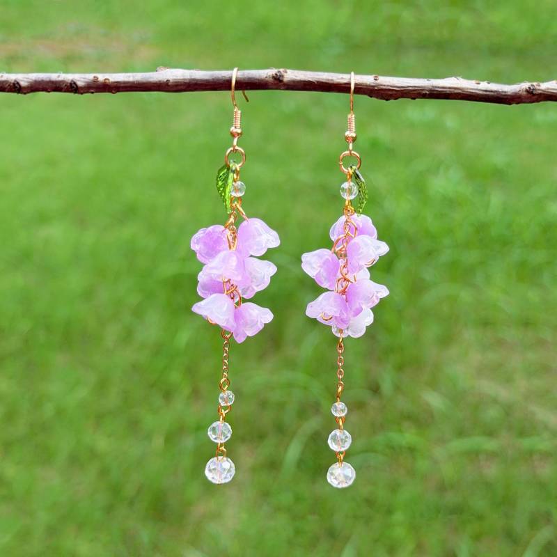 Purple Lily Of The Valley Earrings, Glazed Tassels Flowers Fairy Bridesmaid Dangle Wedding Jewelry Gifts von NoaSchCo