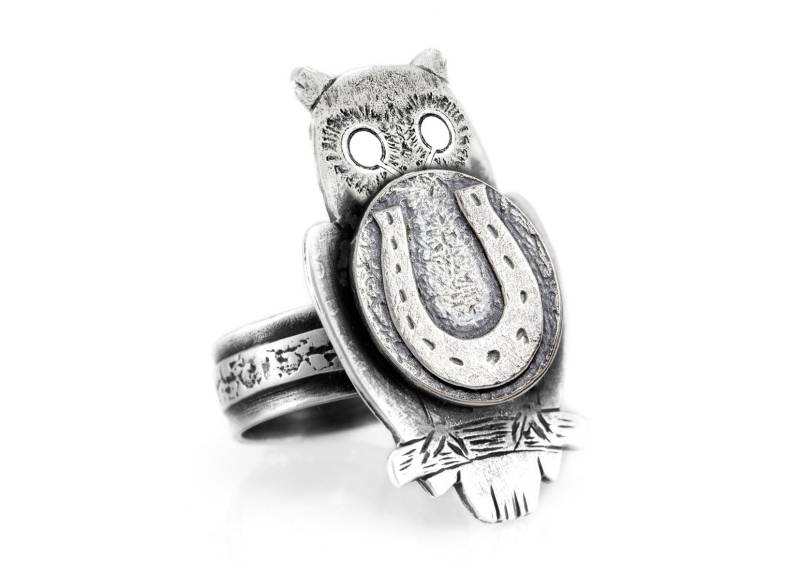 Hufeisen Medaillon Ring Sterling Silber Eule Münze Schmuck von NoaTam