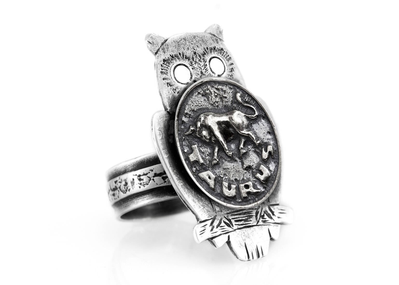 Stier Medaillon Coinring Eule Sternzeichen Schmuck, Sterling Silber von NoaTam