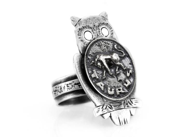 Stier Medaillon Coinring Eule Sternzeichen Schmuck, Sterling Silber von NoaTam