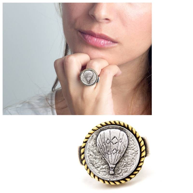 sterling Silber Coin Ring Heißluftballon Medaillon, Handgemachter Schmuck von NoaTam