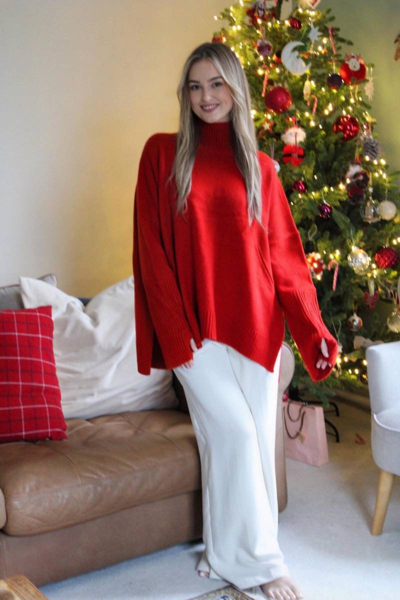 Valentina High Neck Sweater 100% Merino Wolle Damen Pullover Nachhaltige Luxus Strickware in Granatapfel Rot von NoaandRain