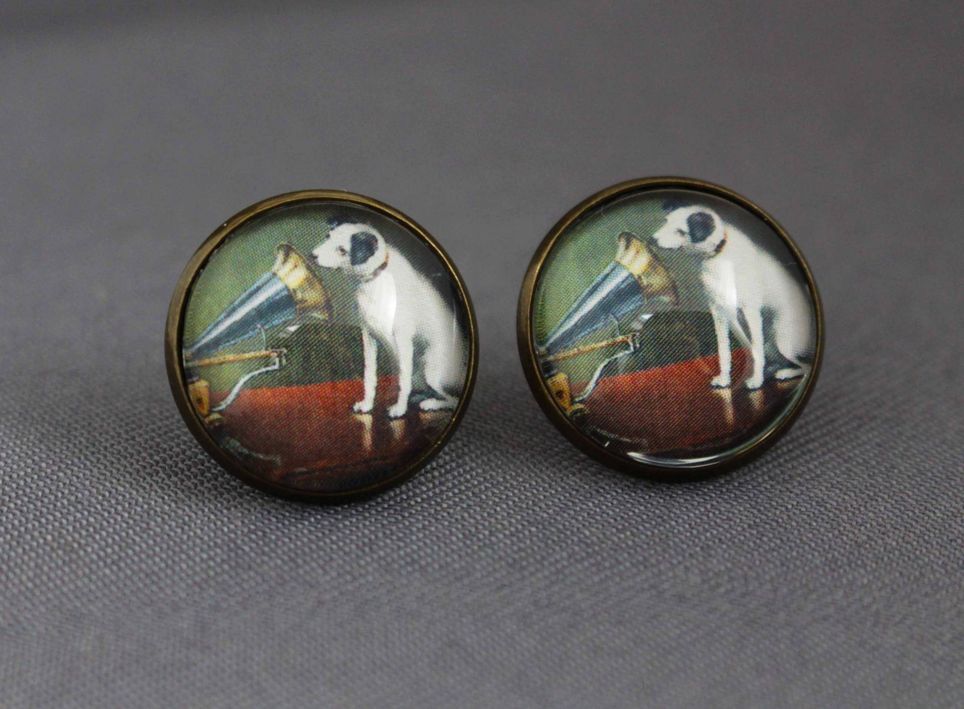 Ohrstecker Mit Hund, Ohrringe, Terrier, Jack Russell, Hunde, Grammophon, Vintage, Antik Bronze, Tiere, Frauen, Glas, Schmuck, Haustier von NoahMeetsScottie