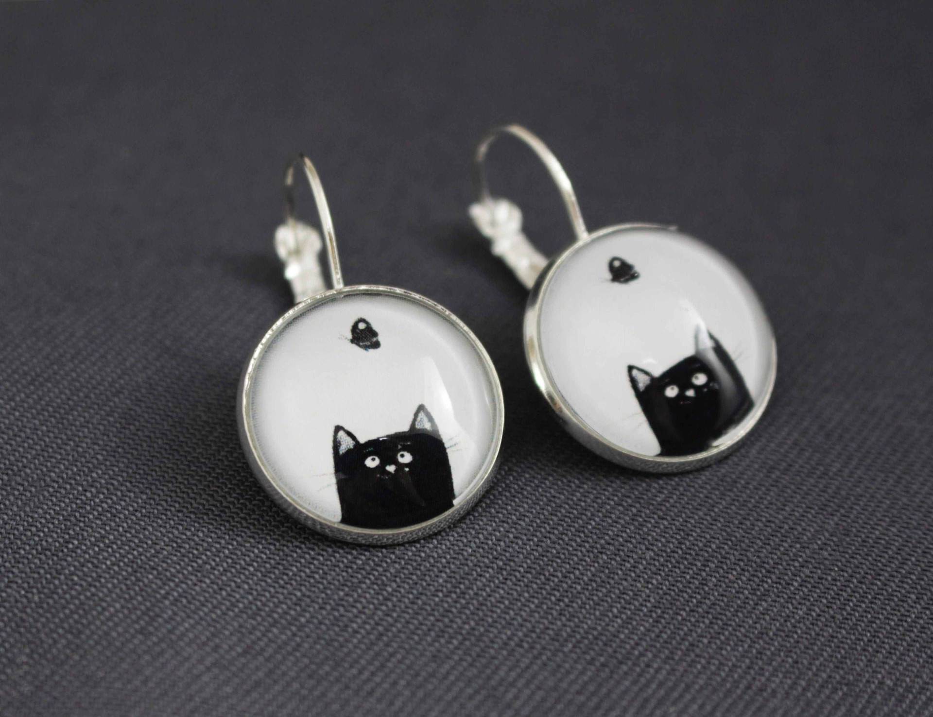 Ohrstecker Mit Katzen, Schmetterling, Vintage, Silber, Schwarz, Weiß, Tiere, Frauen, Kätzchen, Glas, Schmuck, Geburtstag, Edel von NoahMeetsScottie