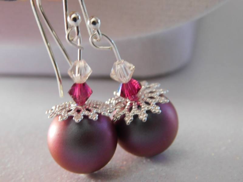 Elegante Irisierenden Roten Swarovski Perlen Und Kristall Ohrringe Weihnachten Winter Edel Perle Tropfen von NoahSiannahBeadMine