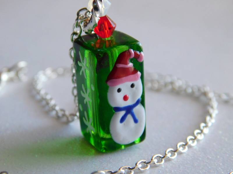 Schneemann Grün Lampwork Glas Halskette Weihnachten Blenden Urlaub Schmuck Schneeflocke Glasschmuck von NoahSiannahBeadMine