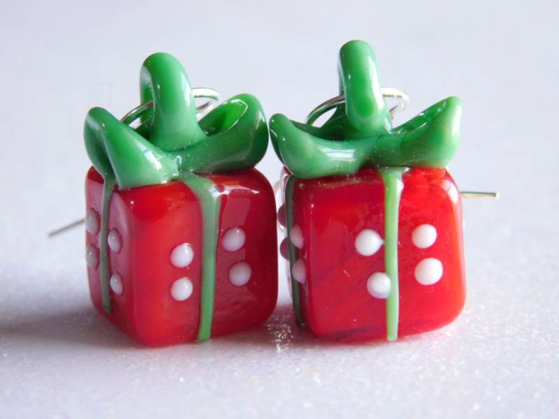 Weihnachten Vorhanden Ohrringe Rot Lampwork Geschenk Schmuck Verpackt Grünes Glas von NoahSiannahBeadMine