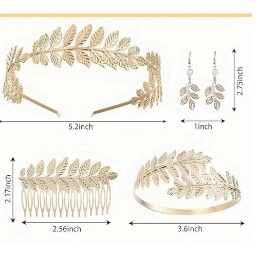 Noaxylic 4 Stück Griechische Göttin Kostüm Schmuck Set, Goldene Hochzeit Boho Blatt Haar Krone Accessories, Lorbeerblätter Haarschmuck Mädchen, Lorbeerkranz Gold, Oberarmreif Gold, für Mädchen Damen von Noaxylic