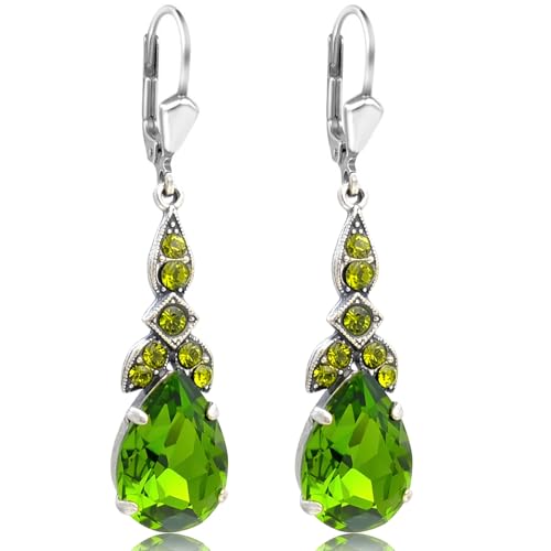 Jugendstil Ohrhänger Silber Grün mit Markenkristallen Olivine Tropfen SCHMUCK von Nobel