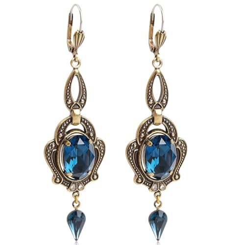Jugendstil Ohrringe Gold Blau Kristalle Retro Ohrhänger Dunkelblau NOBEL SCHMUCK von Nobel