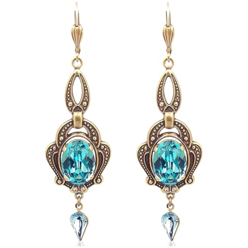 Jugendstil Ohrringe Gold Türkis österreichische Kristalle Ohrhänger lang NOBEL SCHMUCK von Nobel