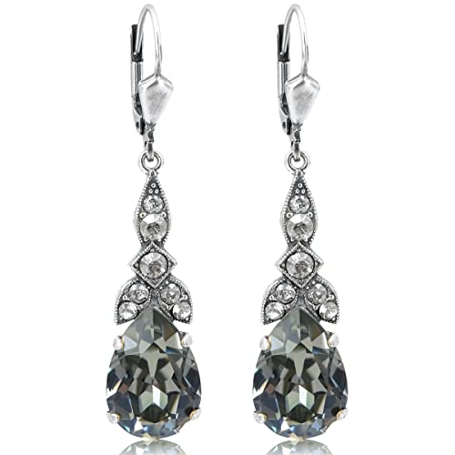 Jugendstil Ohrringe Silber Grau Black Diamond Kristalle Tropfen hängend NOBEL SCHMUCK von Nobel