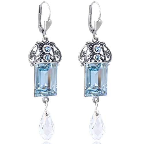 Jugendstil Ohrringe Silber Kristalle aus Österreich Light Azore Hellblau NOBEL SCHMUCK von Nobel