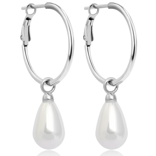 NOBEL Perlenohrringe Silber 925 1.5 * 20MM Creolen hängende Ohrringe mit 13 mm weiße Perle Ohrringe für Frauen von Nobel