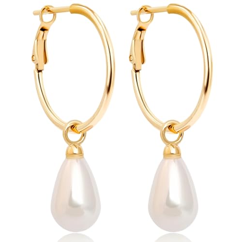 NOBEL Perlenohrringe Silber Gold 925 1.5 * 20MM Creolen hängende Ohrringe mit 13 mm weiße Perle Ohrringe für Frauen von Nobel