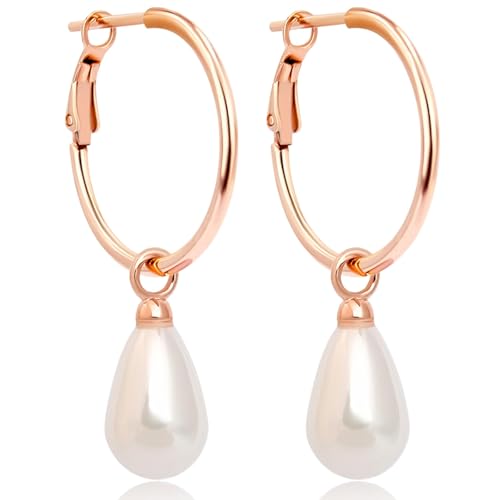 NOBEL Perlenohrringe Silber Rosegold 925 1.5 * 20MM Creolen hängende Ohrringe mit 13 mm weiße Perle Ohrringe für Frauen von Nobel