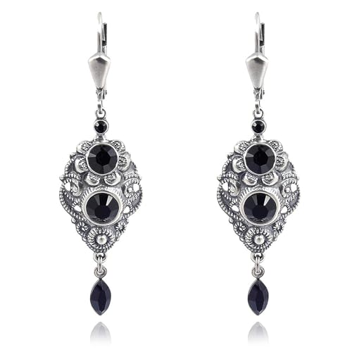NOBEL SCHMUCK Jugendstil Ohrringe Schwarz Kristalle Silber Jet Damen Ohrhänger von Nobel