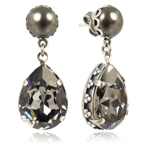 Silber Ohrringe Jugendstil Kristall Elemente und Perlen Grau NOBEL SCHMUCK von Nobel