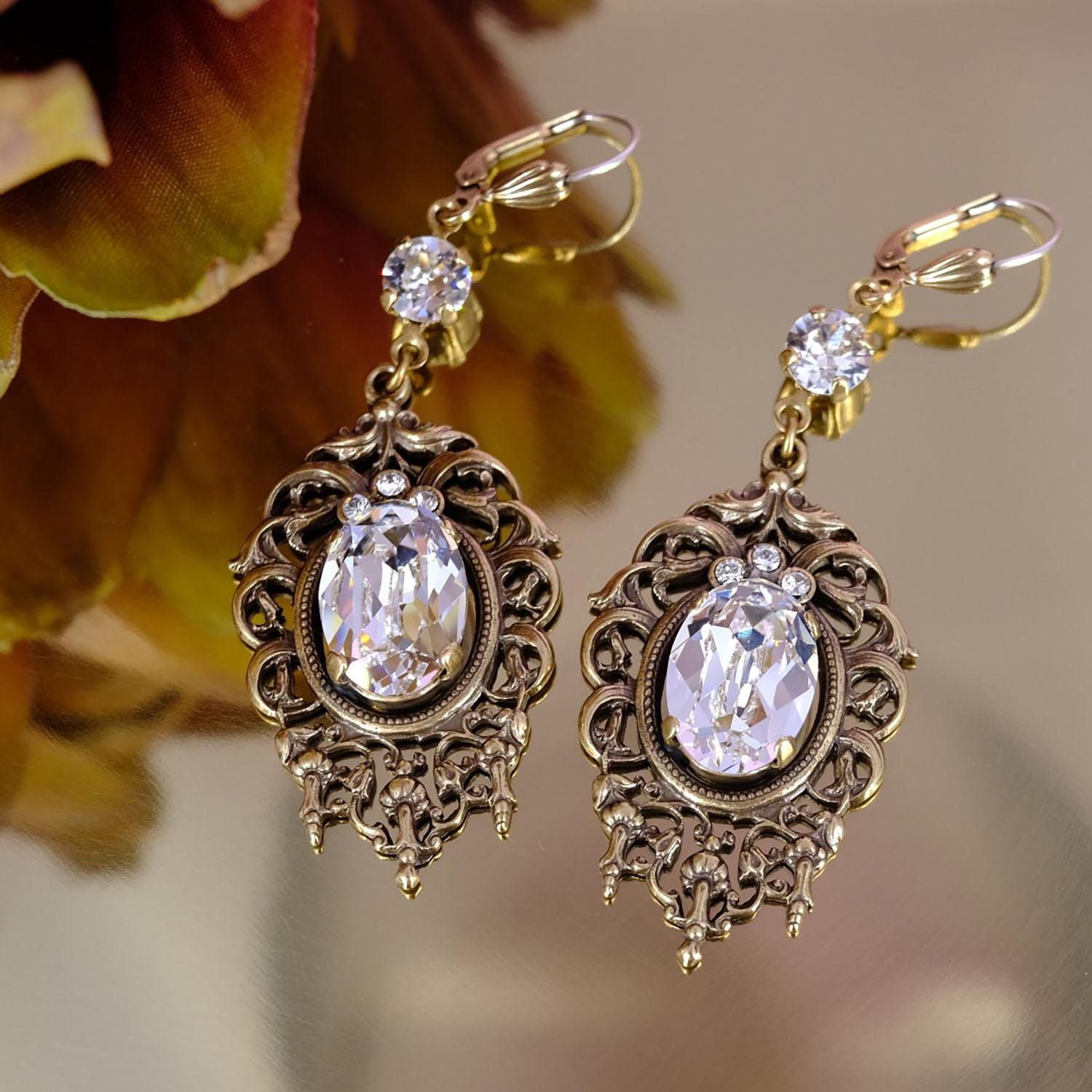 Jugendstil Ohrringe Gold Swarovski Kristalle Ohrhänger Nobel Schmuck von NobelSchmuck