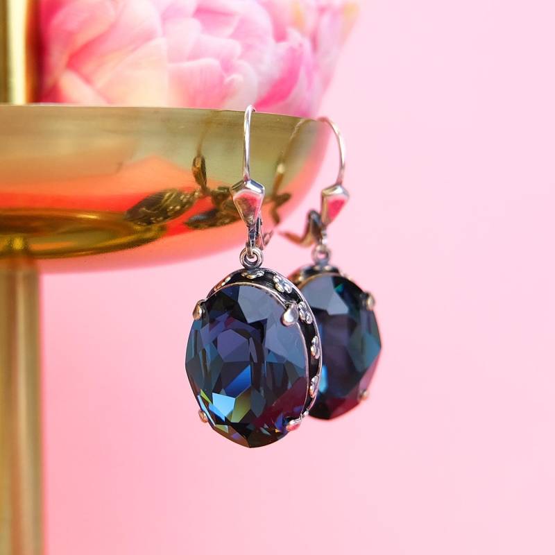 Jugendstil Ohrringe Silber Blau Swarovski Kristalle Montana Dunkelblau Ohrhänger Nobel Schmuck von NobelSchmuck