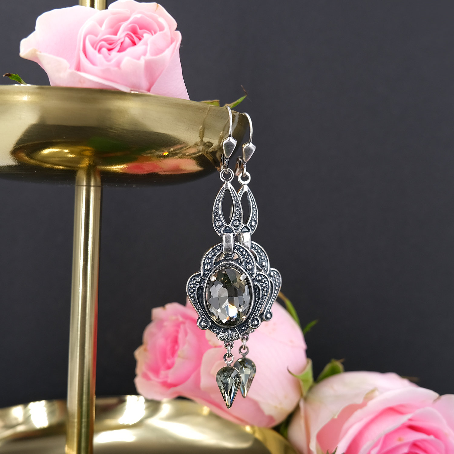 statement Ohrringe Jugendstil Silber Swarovski Kristalle Black Diamond Nobel Schmuck von NobelSchmuck