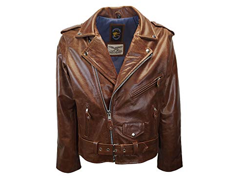 Noble House Herren Motorradlederjacke Bikerjacke Rockabilly Marlon Brando Cognac echt Rinderleder (XL) von Noble House