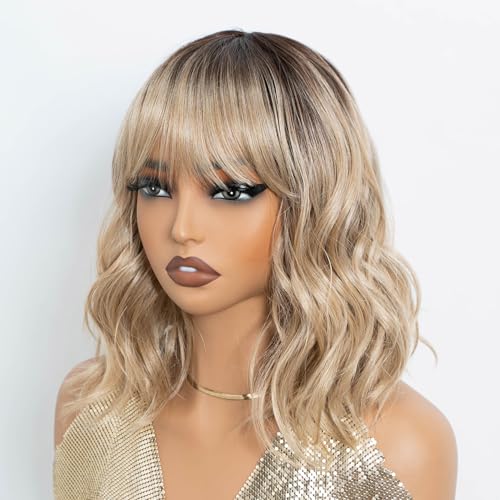 NOBLE Bob Perücke Kurz 30 cm Für Damen Locken Welle mit Pony Hitzebeständige Synthetik Alltag Cosplay von Noble