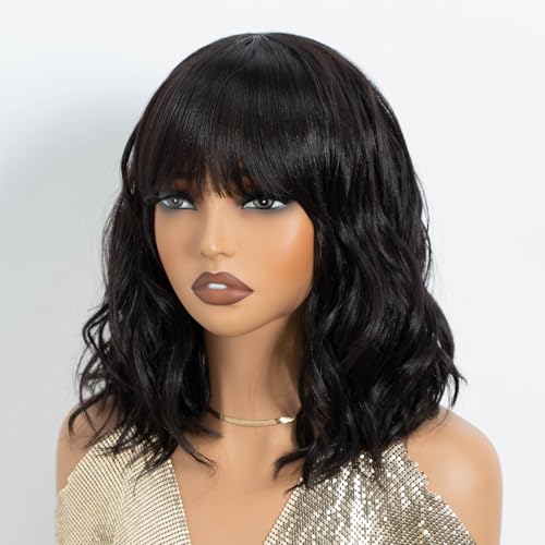 NOBLE Braune Perücke mit Pony Kurzer Bob 30 cm Lockig Wellig Für Damen Luftiger Pony Hitzebeständige Synthetik Cosplay Party von Noble