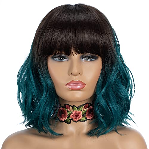 NOBLE Synthetische Curly Bob Perücke mit Pony Kurze Bob Perücken Ombre Braun bis Grün Farbe Frauen Schulter Länge Perücken Curly Wavy Perücke Hitzebeständig Bunte Tägliche Party Perücke. von Noble