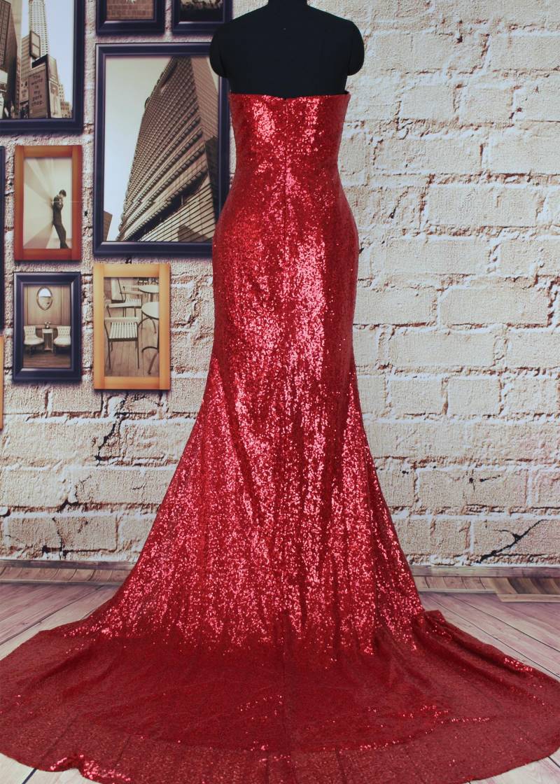 Rotes Pailletten-Meerjungfrau-Abschlussball-Kleid Trägerloses Abendkleid von NobleGown