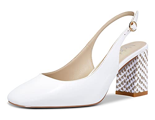 NobleOnly Damen Ankle-Strap Lederfutter Quadratische Zehe Slingback Sandalen Blockabsatz 7.5CM Mittel Heel Weiß Satin Schuhe EU39 von NobleOnly