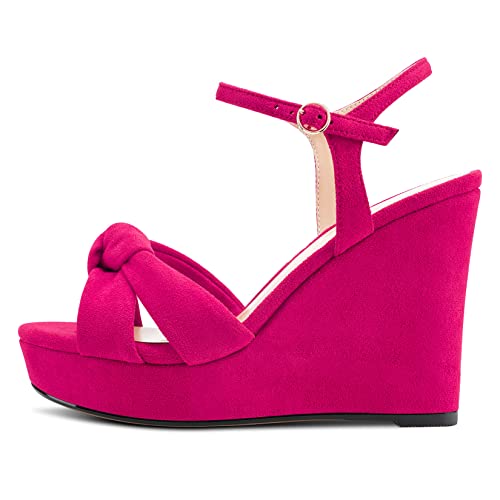 NobleOnly Damen Blockabsatz Hoher Keilabsatz Plateau Absatz Peep Zehenkappe Sandalen Knöchelriemen Bogenknoten Hochzeit Büroschuhe 10 CM Heels Magenta Rot 38 EU von NobleOnly