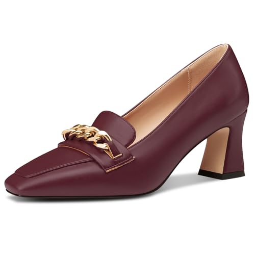 NobleOnly Damen Chunky Blockabsatz Absatz Heel Geschlossene Eckige Zehenkappe Loafers Schuhe Slip-on Pumps Metall Kette Lässig Schuhe 7 cm Heels Burgunderrot 43 EU von NobleOnly