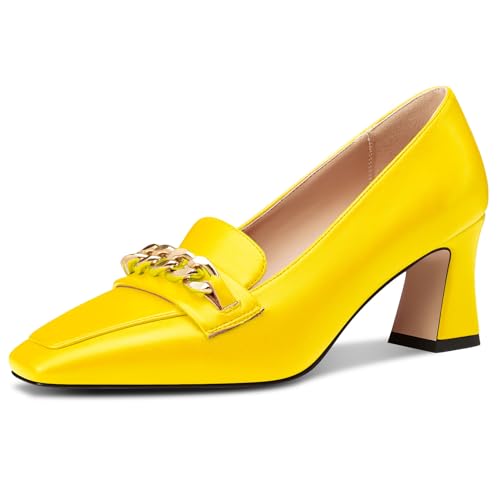 NobleOnly Damen Chunky Blockabsatz Absatz Heel Geschlossene Eckige Zehenkappe Loafers Schuhe Slip-on Pumps Metall Kette Lässig Schuhe 7 cm Heels Gelb 41 EU von NobleOnly