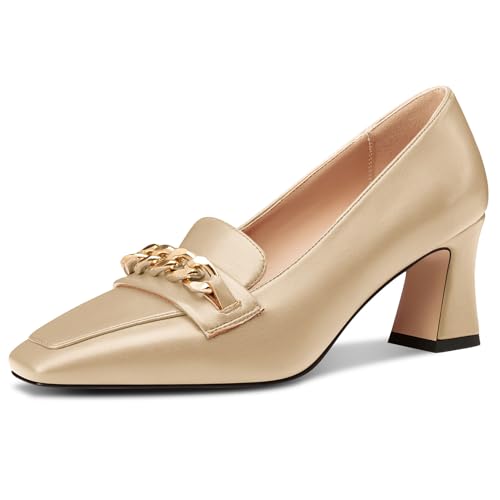 NobleOnly Damen Chunky Blockabsatz Absatz Heel Geschlossene Eckige Zehenkappe Loafers Schuhe Slip-on Pumps Metall Kette Lässig Schuhe 7 cm Heels Gold 35 EU von NobleOnly