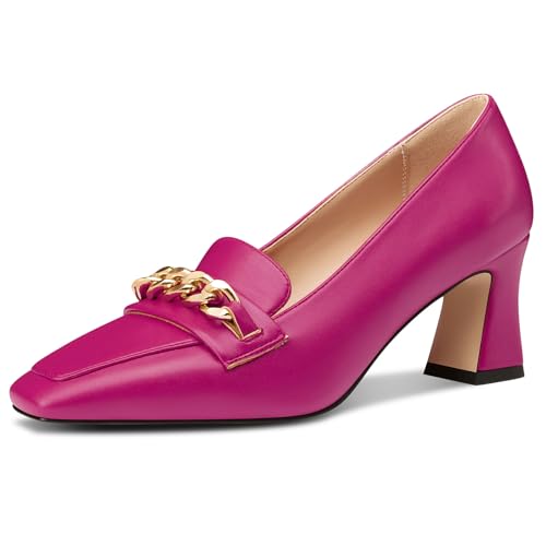 NobleOnly Damen Chunky Blockabsatz Absatz Heel Geschlossene Eckige Zehenkappe Loafers Schuhe Slip-on Pumps Metall Kette Lässig Schuhe 7 cm Heels Magenta 41 EU von NobleOnly