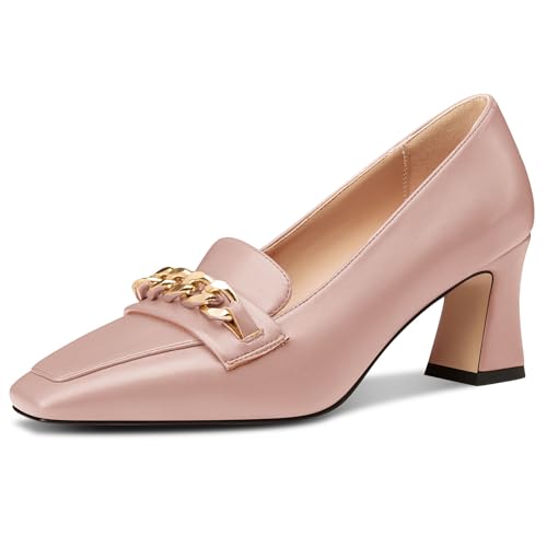 NobleOnly Damen Chunky Blockabsatz Absatz Heel Geschlossene Eckige Zehenkappe Loafers Schuhe Slip-on Pumps Metall Kette Lässig Schuhe 7 cm Heels Rosa 37 EU von NobleOnly