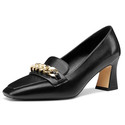 NobleOnly Damen Chunky Blockabsatz Absatz Heel Geschlossene Eckige Zehenkappe Loafers Schuhe Slip-on Pumps Metall Kette Lässig Schuhe 7 cm Heels Schwarz 40 EU von NobleOnly