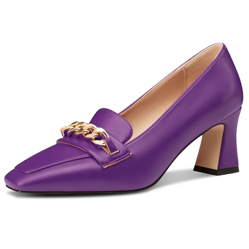NobleOnly Damen Chunky Blockabsatz Absatz Heel Geschlossene Eckige Zehenkappe Loafers Schuhe Slip-on Pumps Metall Kette Lässig Schuhe 7 cm Heels Violett 39 EU von NobleOnly