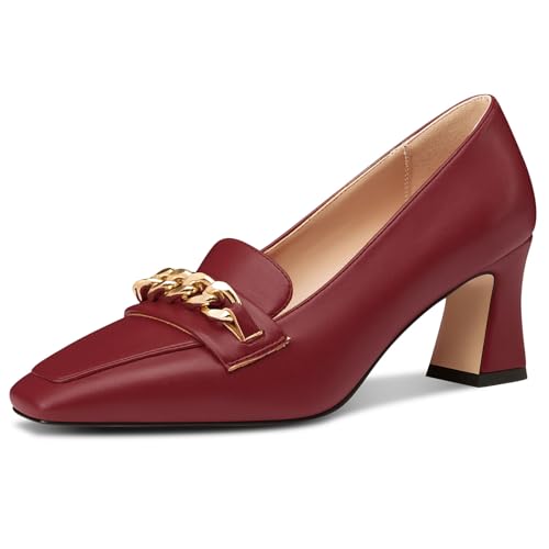 NobleOnly Damen Chunky Blockabsatz Absatz Heel Geschlossene Eckige Zehenkappe Loafers Schuhe Slip-on Pumps Metall Kette Lässig Schuhe 7 cm Heels Weinrot 38 EU von NobleOnly