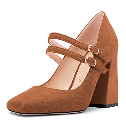 NobleOnly Damen Chunky Blockabsatz Hoher High Absatz Heel Eckige Zehenkappe Pumps Mary Jane Schnalle Party Dress Schuhe Braun A 40 EU von NobleOnly