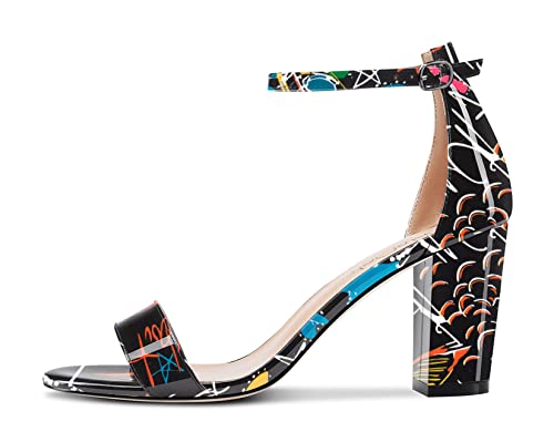 NobleOnly Damen Chunky Blockabsatz Hoher High Absatz Heel Peep Open Zehenkappe Sandalen Knöchelriemen Cute Dress Hochzeit Clear Schuhe Schwarz Mehrfarbig 38 EU von NobleOnly