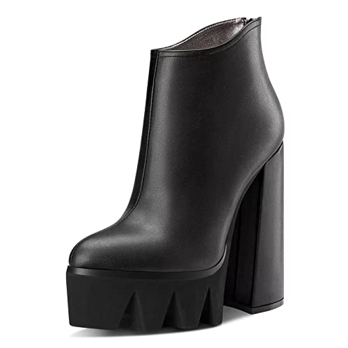 NobleOnly Damen Chunky Blockabsatz Hoher High Absatz Heel Plateau Plattform Geschlossene Zehenkappe Stiefeletten Slip-on Reißverschluss Büroschuhe Sexy Party Stiefel Schwarz 42 EU von NobleOnly