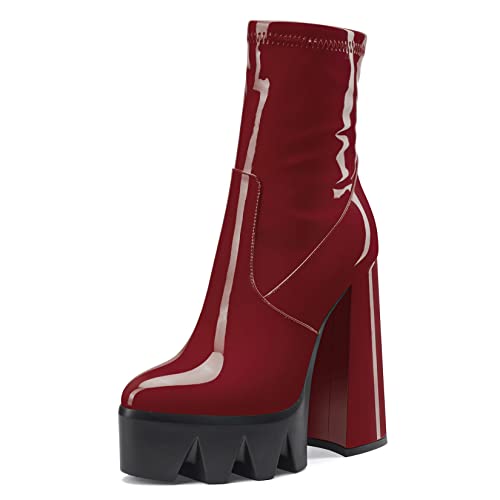 NobleOnly Damen Chunky Blockabsatz Hoher High Absatz Heel Plateau Plattform Geschlossene Zehenkappe Stiefeletten Slip-on Sexy Dress Reißverschluss 14 CM Heels Burgund Rot 41 EU von NobleOnly