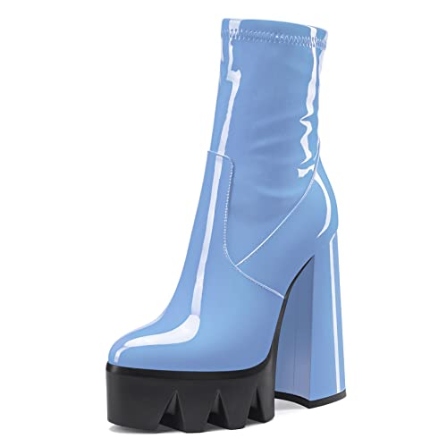 NobleOnly Damen Chunky Blockabsatz Hoher High Absatz Heel Plateau Plattform Geschlossene Zehenkappe Stiefeletten Slip-on Sexy Dress Reißverschluss 14 CM Heels Hellblau 37 EU von NobleOnly