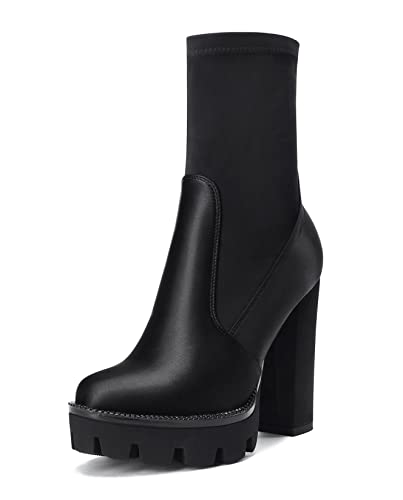 NobleOnly Damen Chunky Blockabsatz Hoher High Absatz Heel Plateau Plattform Runde Zehenkappe Stiefeletten Reißverschluss Hochzeit Party Sexy Stiefel Schwarz Satin 36 EU von NobleOnly