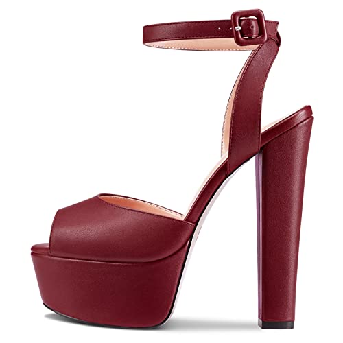 NobleOnly Damen Chunky Blockabsatz Hoher High Plateau Plattform Absatz Heel Peep Open Zehenkappe Knöchelriemen Slingback Hochzeit Sandalen Burgund Rot 35 EU von NobleOnly
