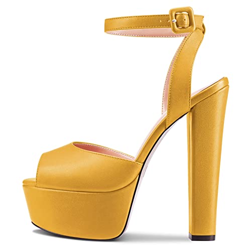 NobleOnly Damen Chunky Blockabsatz Hoher High Plateau Plattform Absatz Heel Peep Open Zehenkappe Knöchelriemen Slingback Hochzeit Sandalen Gelb 45 EU von NobleOnly