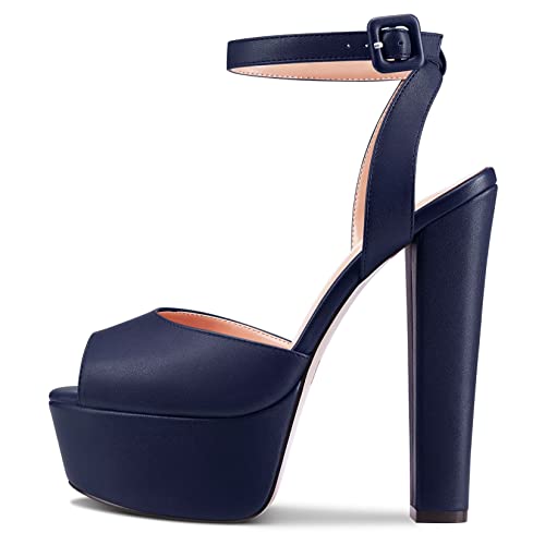 NobleOnly Damen Chunky Blockabsatz Hoher High Plateau Plattform Absatz Heel Peep Open Zehenkappe Knöchelriemen Slingback Hochzeit Sandalen Navy Blau 38 EU von NobleOnly